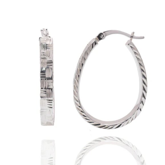 925 Sterling Silver Jewelry - Sterling Silver 925 Rhodium Plated Diamond Cut Twisted Oval Hoop Earrings 18mm